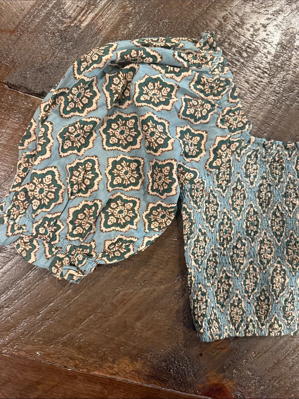 Zara Teal Patterned Smocked Crop Top with Puff Sleeves